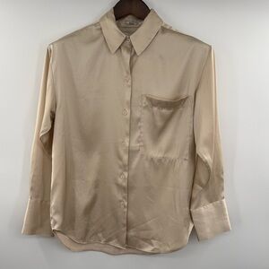 Abercrombie & Fitch Oversized Button Up Shirt Womens XXS Beige Satin Pocket
